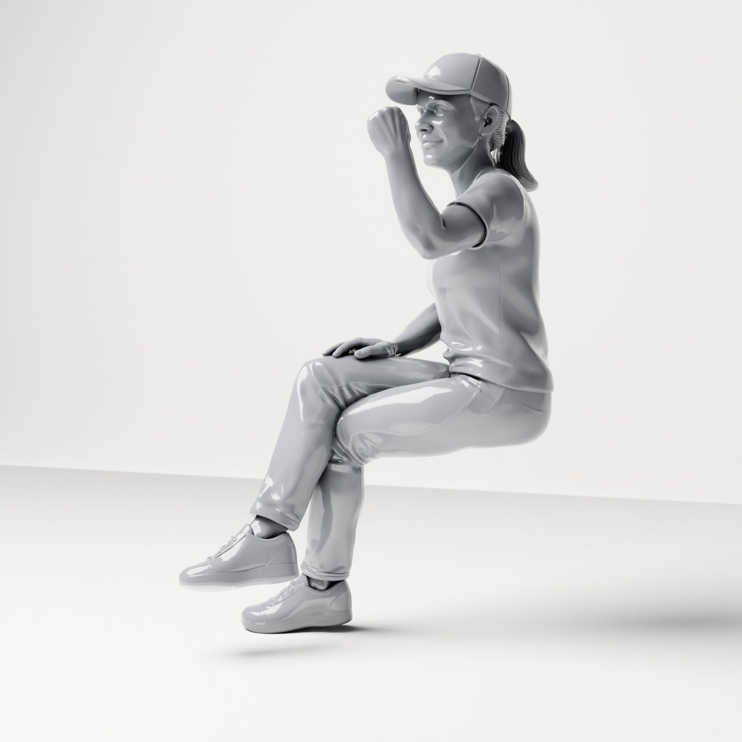 Diorama model-making product photo 1: Seated figure: female spectator with crossed legs & raised fist (B057)