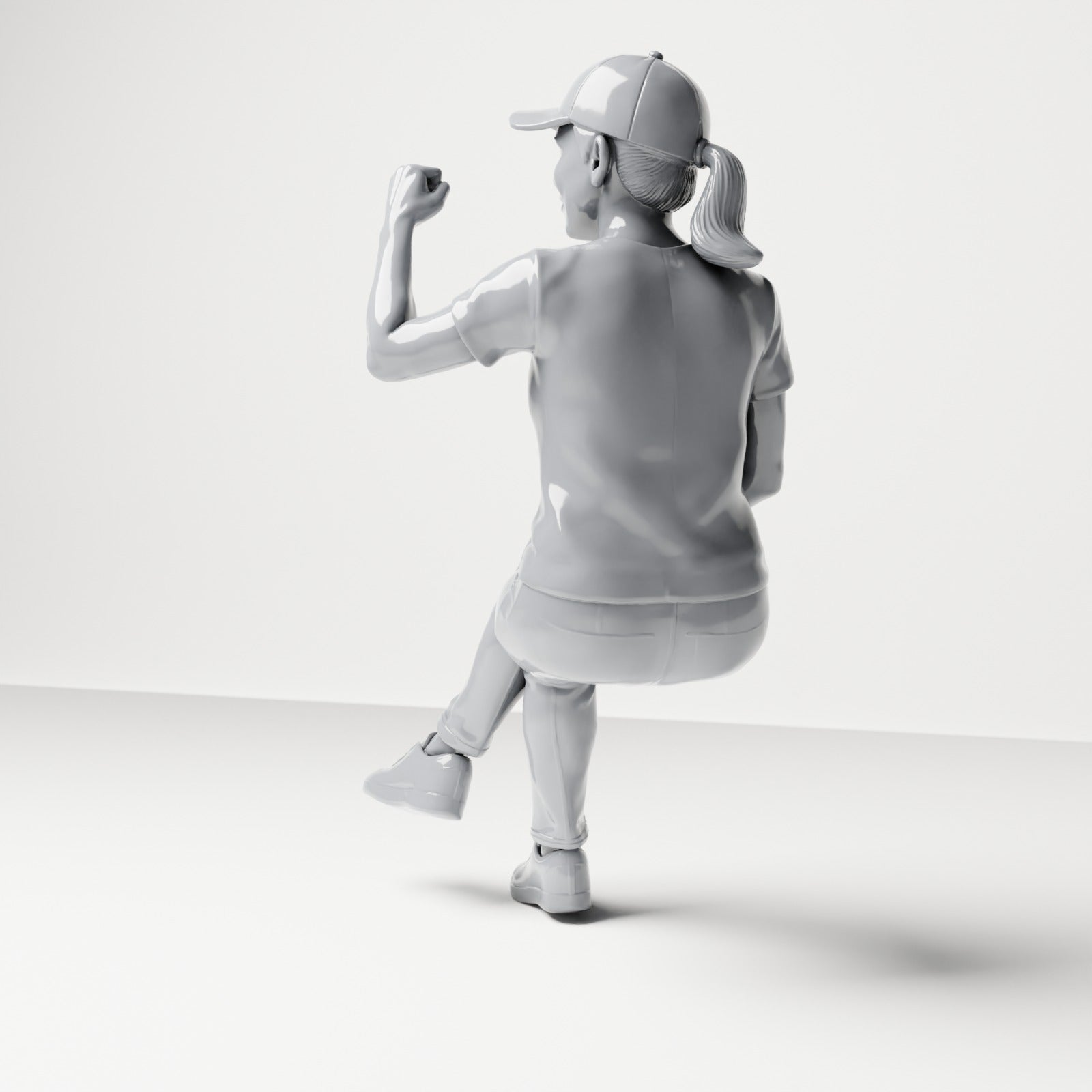 Diorama model-making product photo 2: Seated figure: female spectator with crossed legs & raised fist (B057)