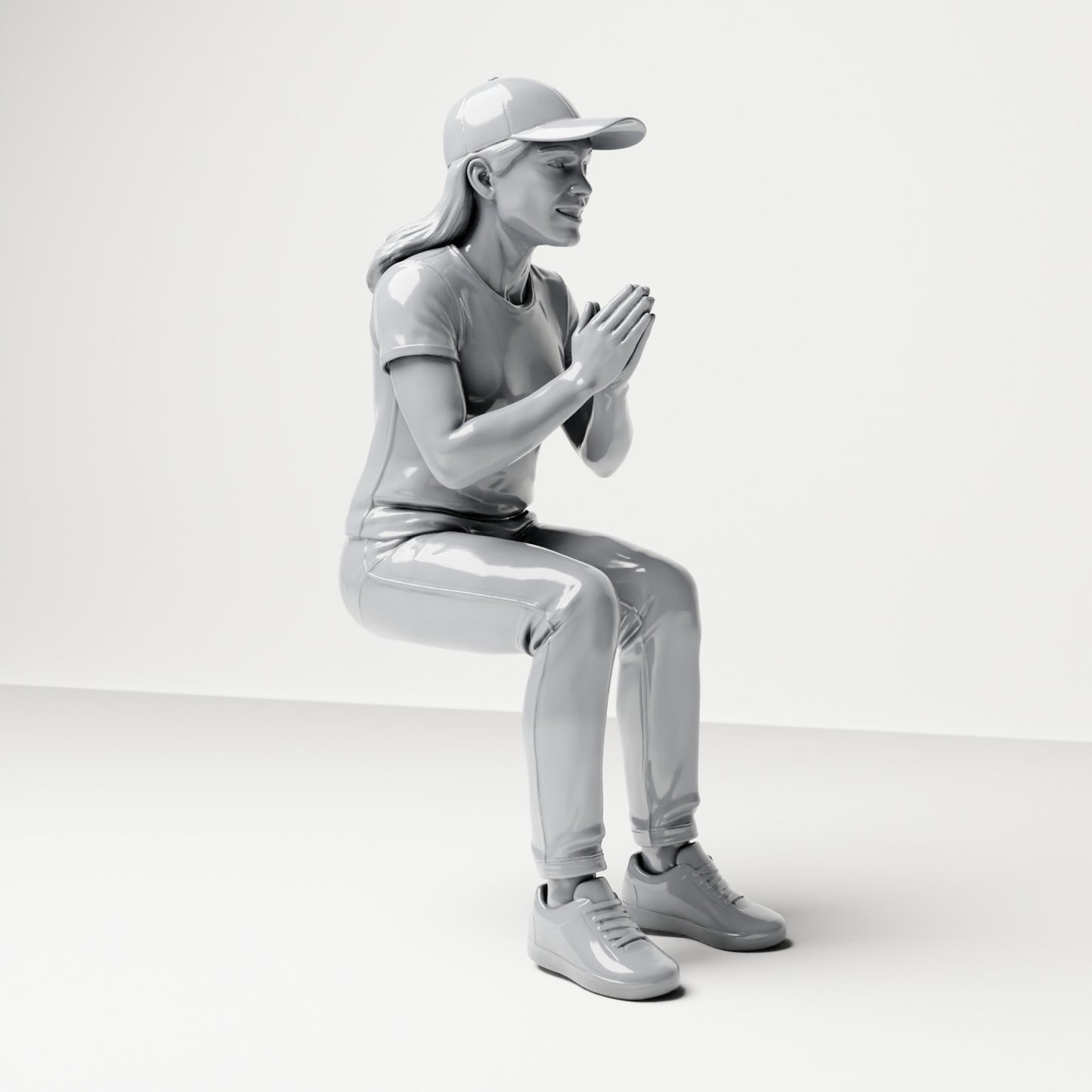 Diorama model-making product photo 3: Seated figure: female spectator with hands clasped in front of her chest (B058)