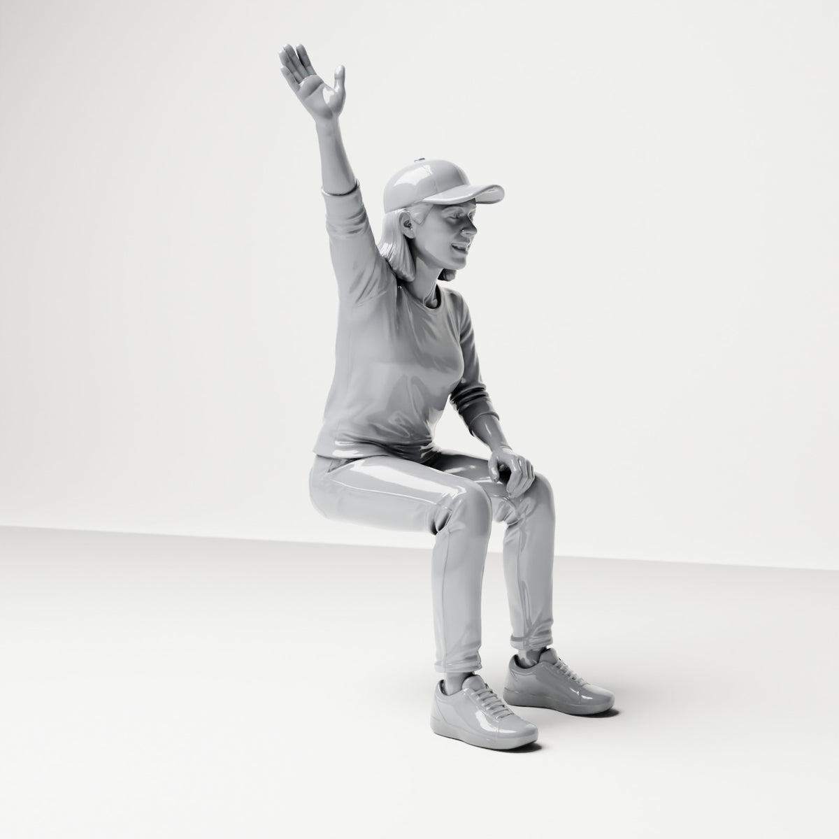 Diorama model-making product photo 3: Seated figure: female spectator with raised arm (B059)