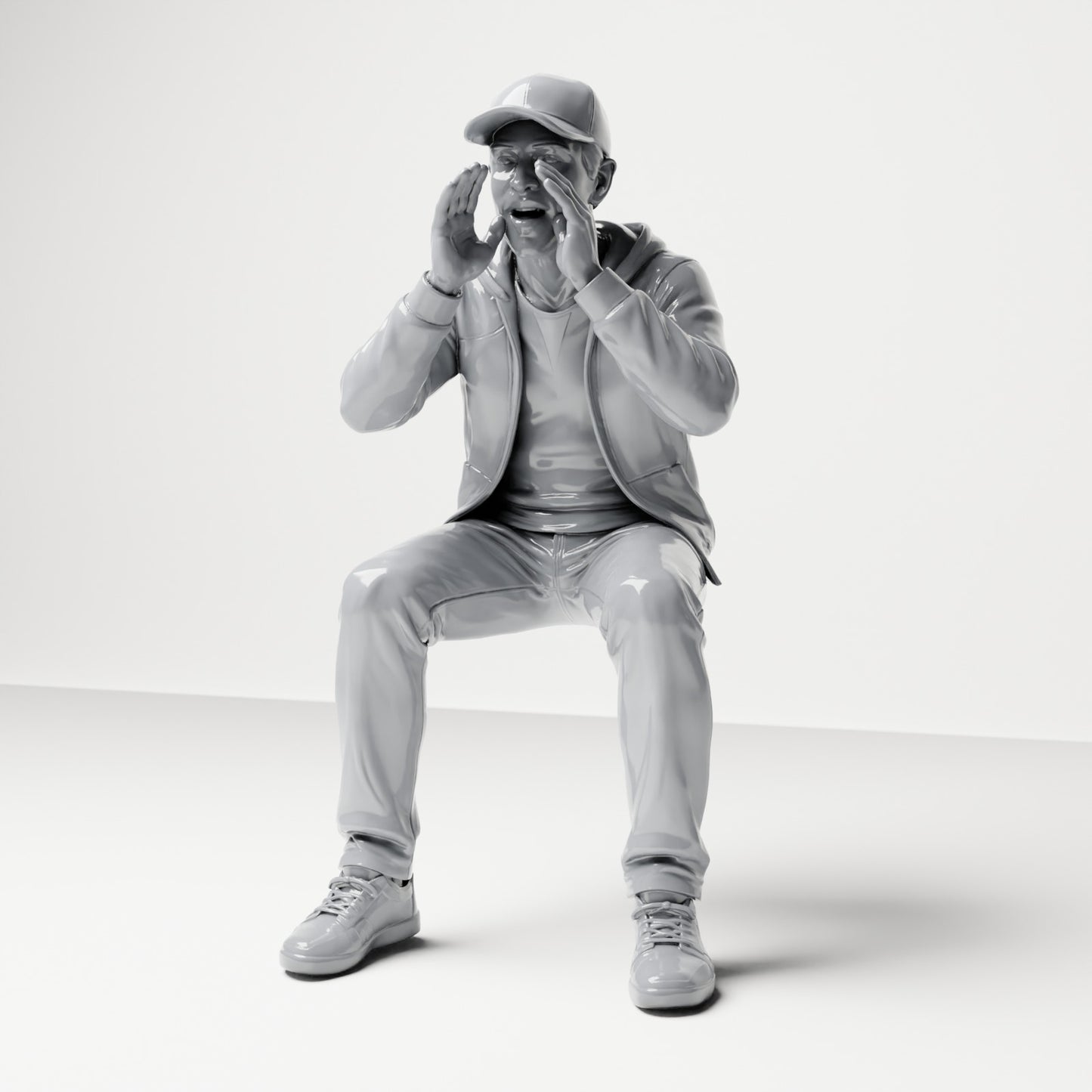Diorama model-making product photo 0: Seated figure: shouting spectator with hands around mouth (B060)