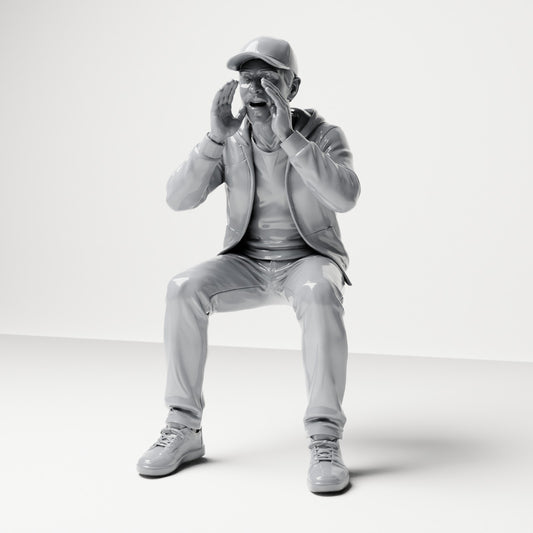 Diorama model-making product photo 0: Seated figure: shouting spectator with hands around mouth (B060)