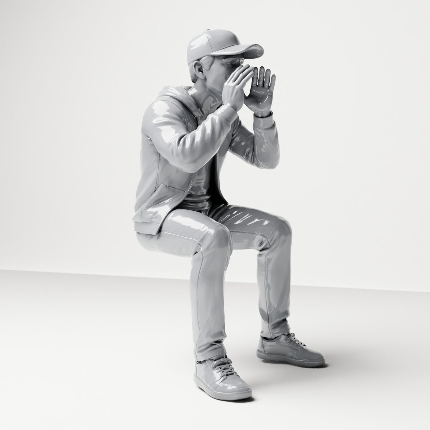 Diorama model making product photo 3: Seated figure: shouting spectator with hands around mouth (B060)