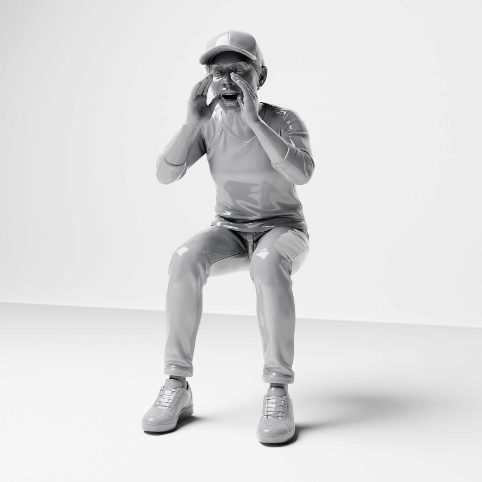 Diorama model-making product photo 0: Seated figure: spectator shouting with hands cupped around mouth (B062)