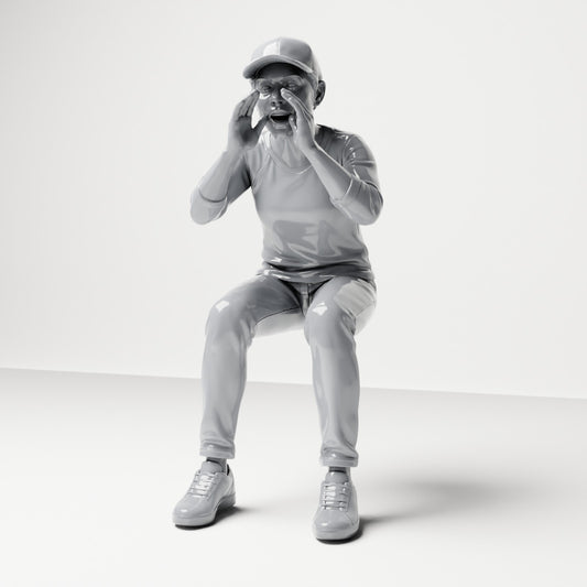 Diorama model-making product photo 0: Seated figure: spectator shouting with hands cupped around mouth (B062)