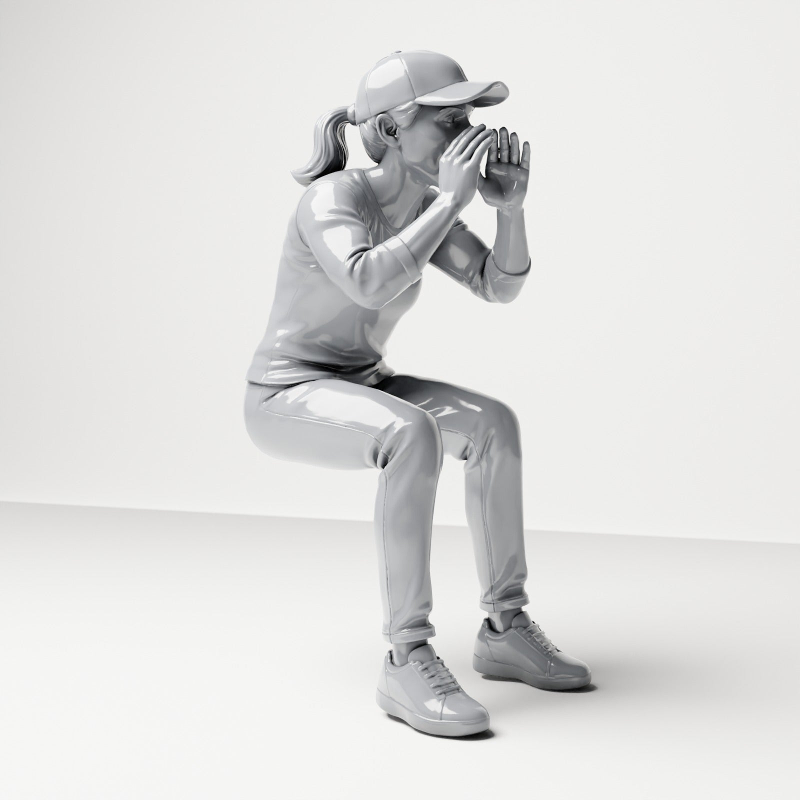 Diorama model-making product photo 3: Seated figure: spectator shouting with hands cupped around mouth (B062)