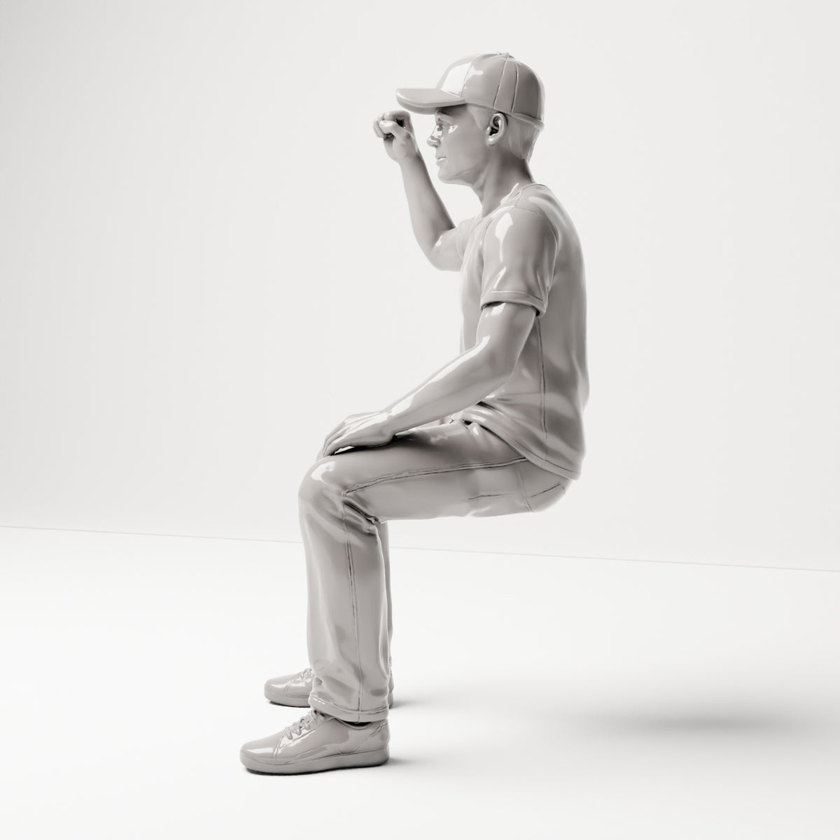 Sitzende Figur: Zuschauer mit erhobener geballter Faust (B066) - linke Seitenansicht