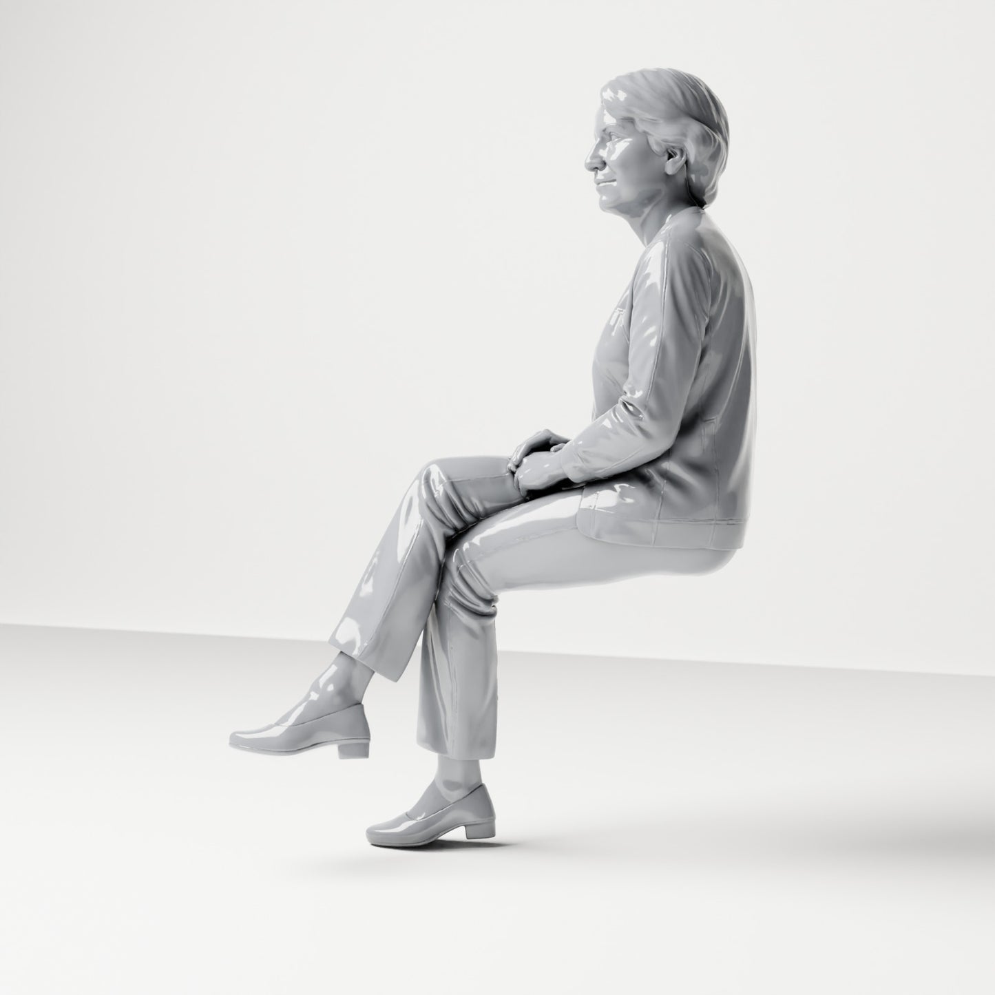 Diorama model-making product photo 1: Seated figure: female spectator with crossed legs and folded hands (B069)