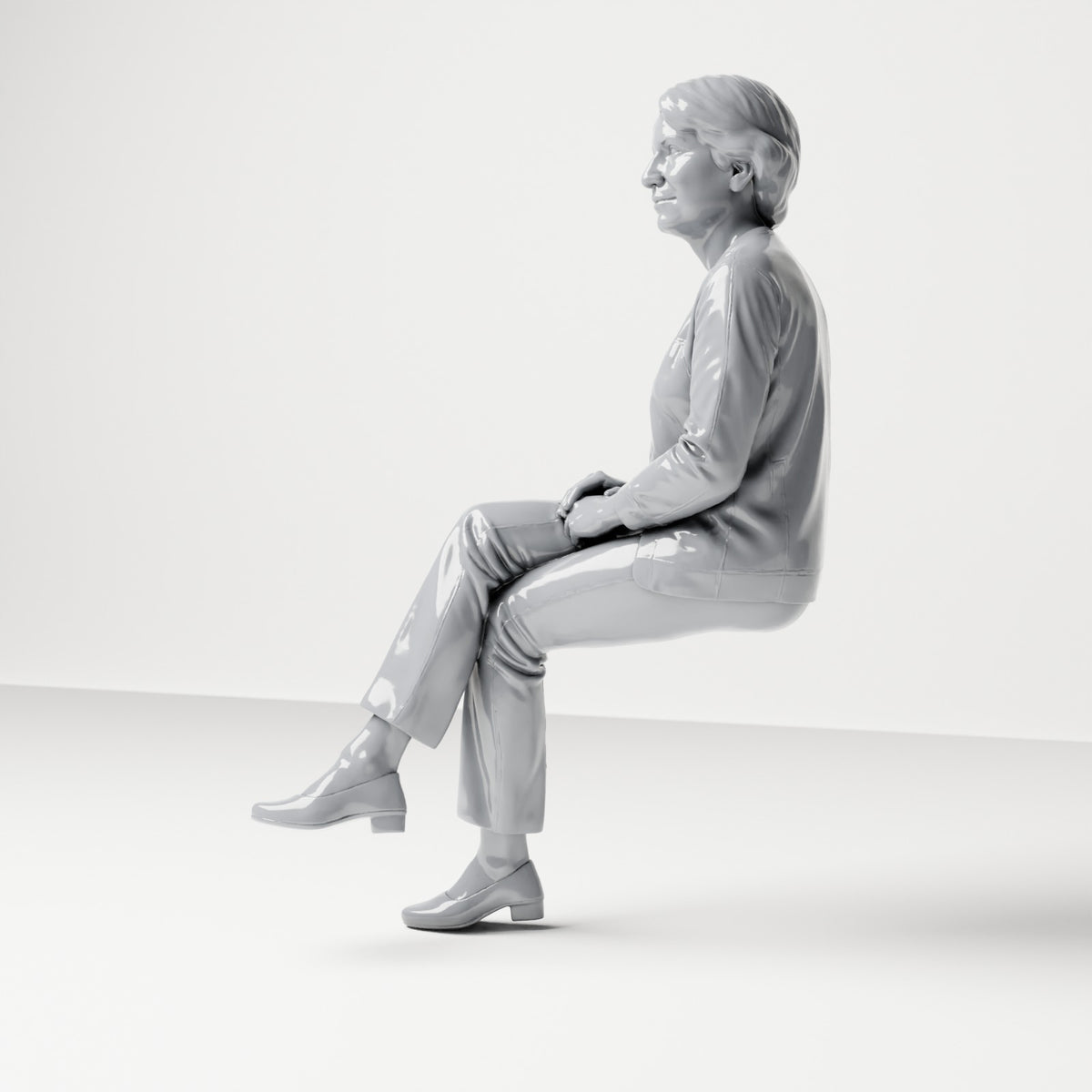 Diorama model-making product photo 1: Seated figure: female spectator with crossed legs and folded hands (B069)