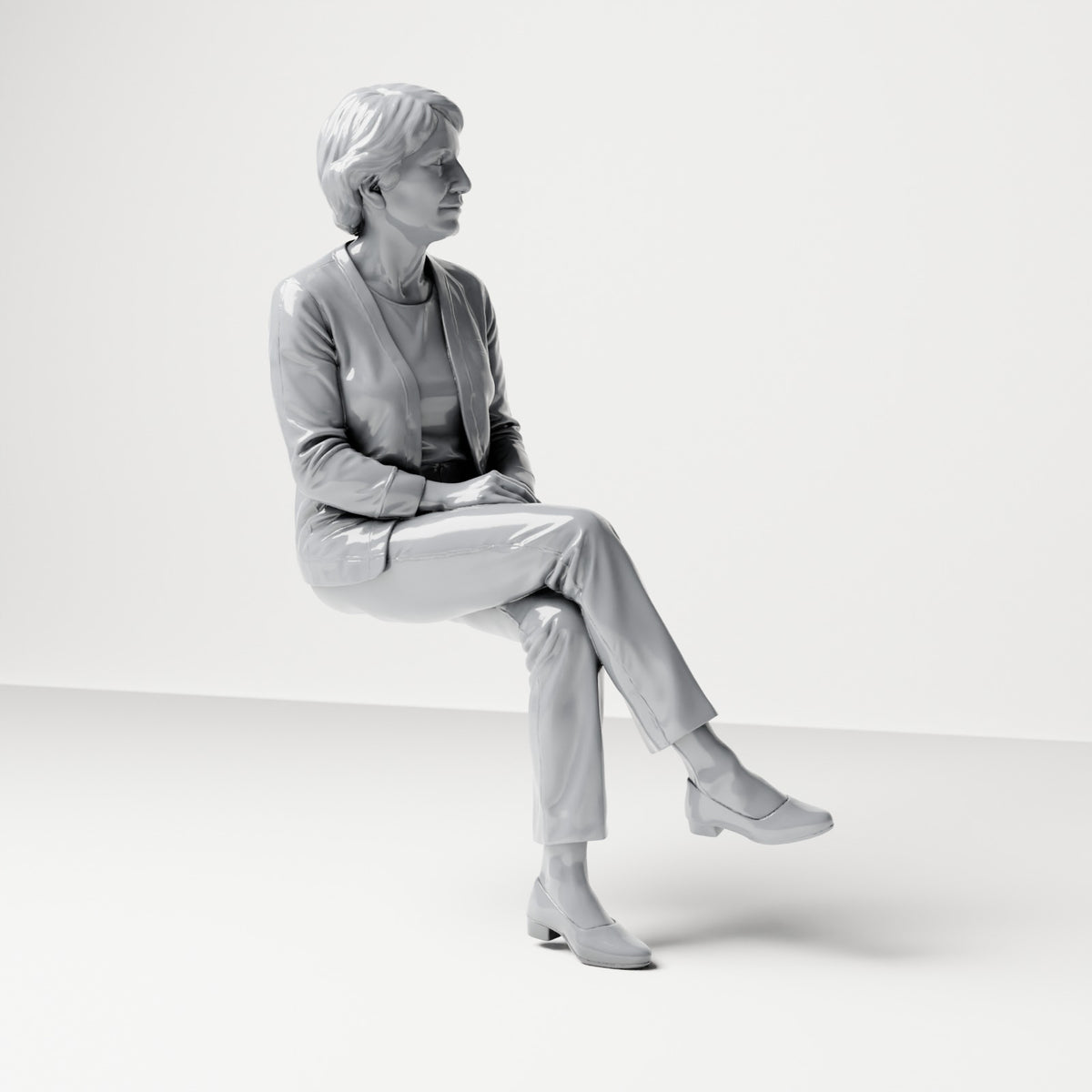 Diorama model-making product photo 3: Seated figure: female spectator with crossed legs & folded hands (B069)