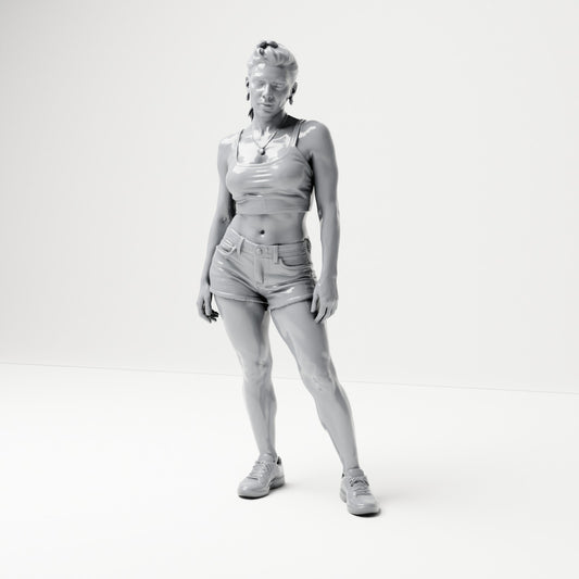Diorama Modellbau Produktfoto 0: Stehende Figur: Frau in ärmellosem Oberteil, kurzer Hose und Sportschuhen (B072)