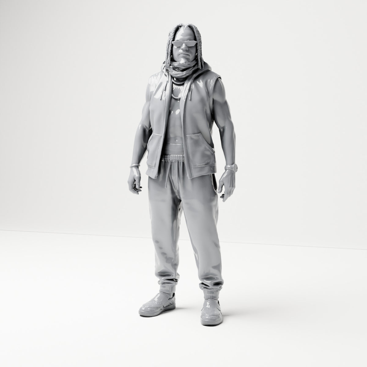 Diorama Modellbau Produktfoto 0: Stehende Figur: Mann mit Sonnenbrille, Zöpfen und ärmelloser Jacke (B074)