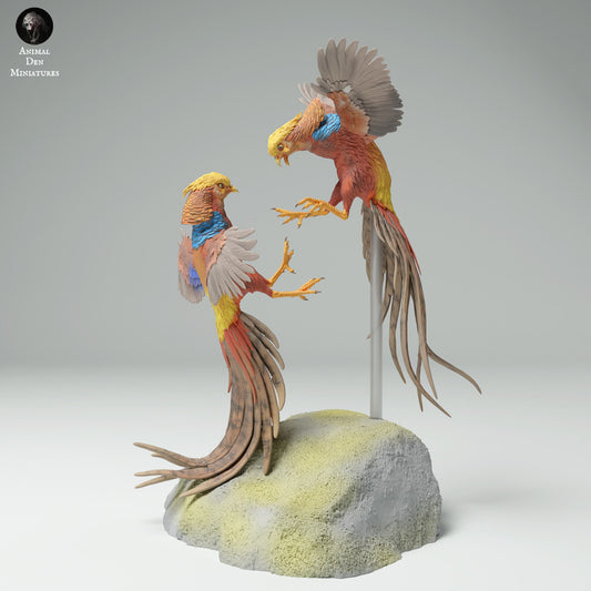 Produktfoto Tier Figur Diorama, Modellbau: 0: Wildtier Figur: kämpfende Goldfasanen (Ref 25_02_03)