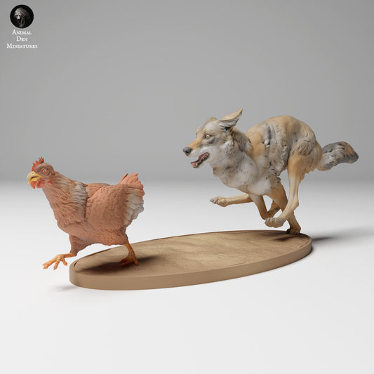 Produktfoto Tier Figur Diorama, Modellbau: 0: Wildtier Figur: Coyote jagt Huhn (Ref 24_11_08)