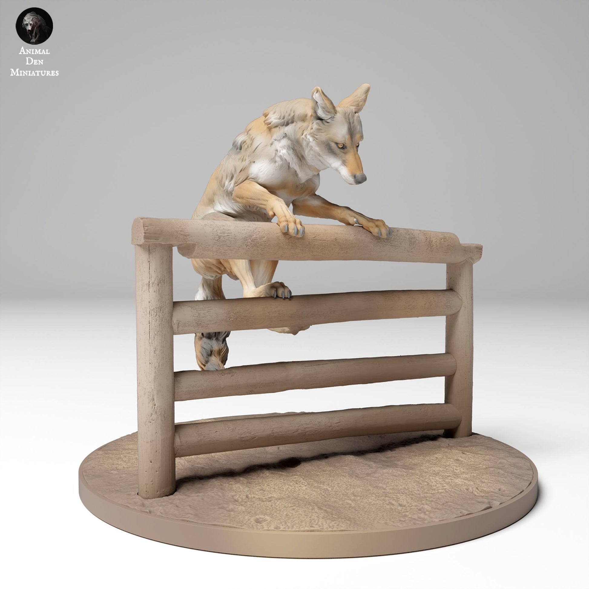 Produktfoto Tier Figur Diorama, Modellbau: 0: Wildtier Figur: springender Kojote über Zaun (Ref 24_11_07)