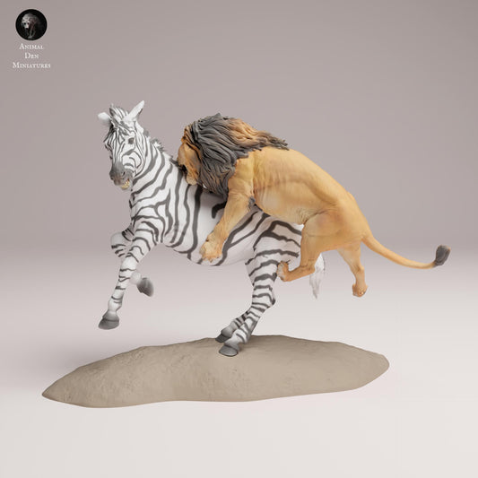 Product photo Animal Figure Diorama, Model Building: 0: Wild Animal Figure: Lion Hunting Zebra – Savanna Animals (Ref 25_08_06)