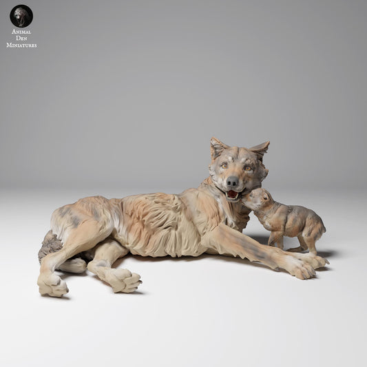 Produktfoto Tier Figur Diorama, Modellbau: 0: Wildtier Figur: Mongolischer Wolf mit Jungtier (Ref 01_01_01)