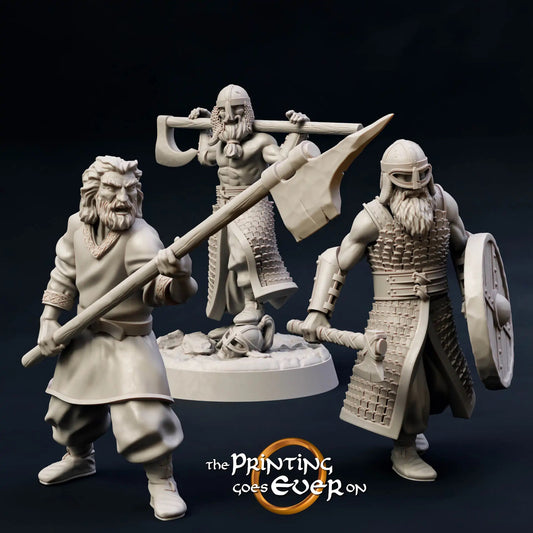 Produktfoto Tabletop 28mm The Printing Goes Ever On (TPGEO)  0: Bewaffnete Wildlinge: Trupp Krieger mit Axt, Speer und Schild - Plünderer