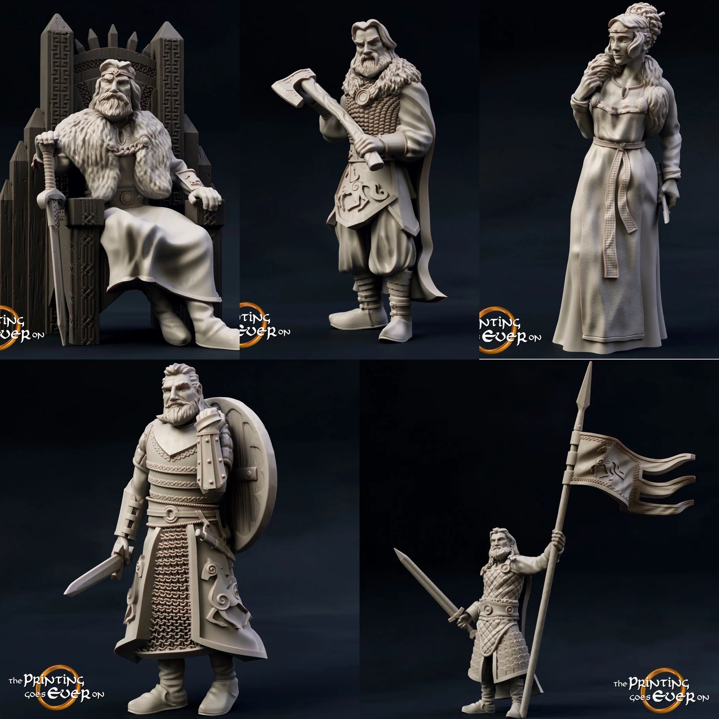 Product photo Tabletop 28mm The Printing Goes Ever On (TPGEO) 0: Royal Family of the Mark: Medieval Nobility - King with Throne, Princess, Standard Bearer, and Guard