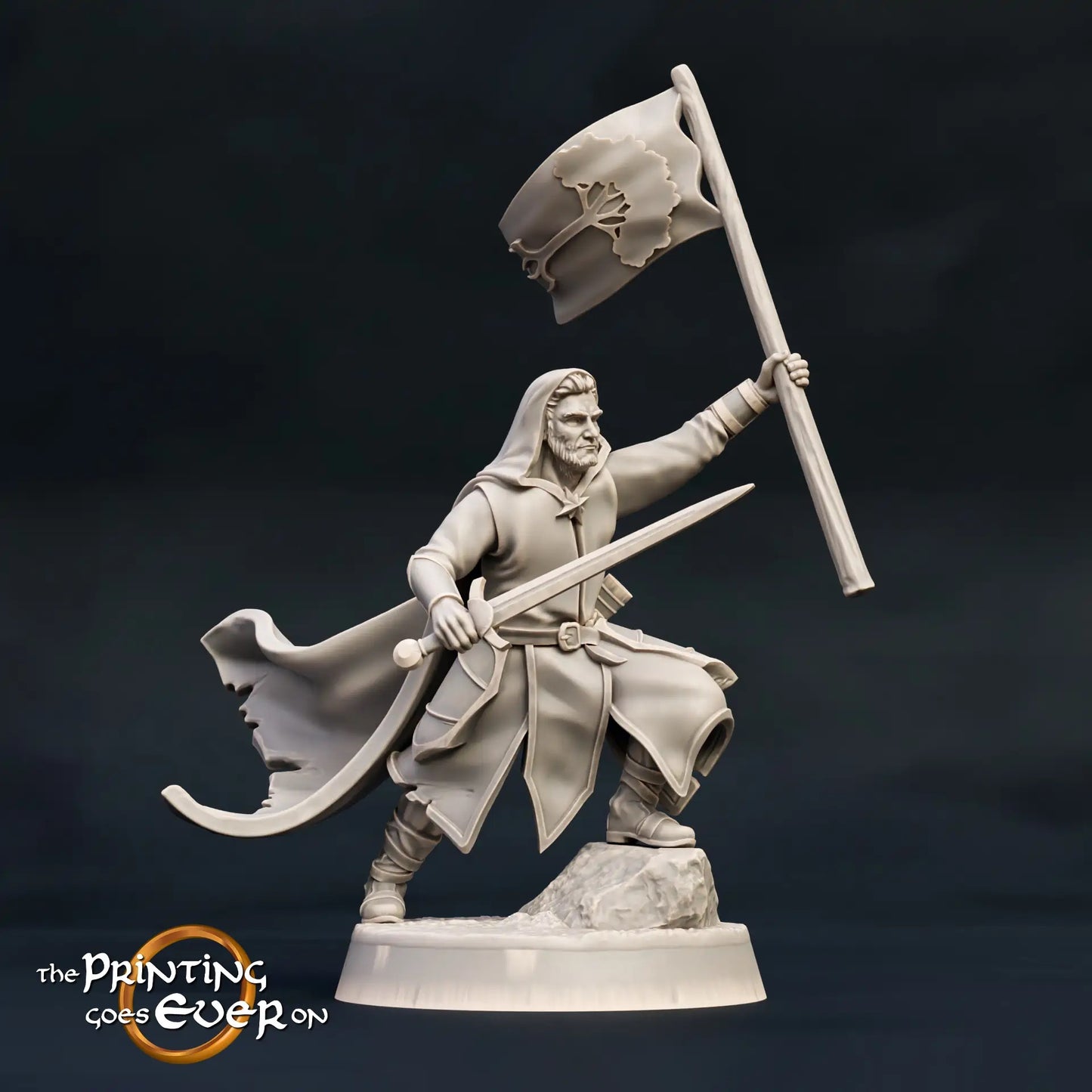 Produktfoto Tabletop 28mm The Printing Goes Ever On (TPGEO)  0: Anführer der Waldläufer: Ranger mit Standarte und Schwert