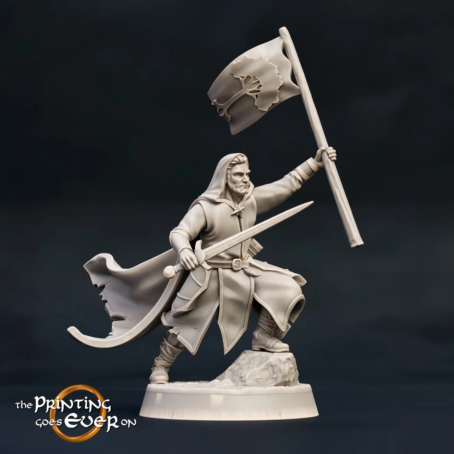 Produktfoto Tabletop 28mm The Printing Goes Ever On (TPGEO)  0: Anführer der Waldläufer: Ranger mit Standarte und Schwert