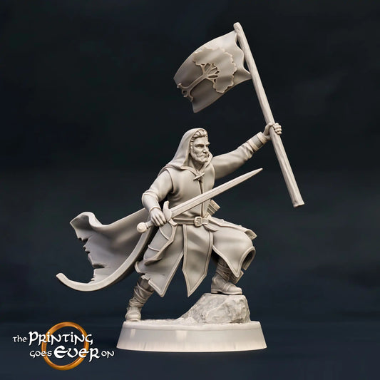 Produktfoto Tabletop 28mm The Printing Goes Ever On (TPGEO)  0: Anführer der Waldläufer: Ranger mit Standarte und Schwert