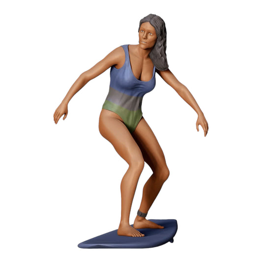 Produktfoto Diorama und Modellbau Miniatur Figur: Wellenreiterin: Surferin auf Surfbrett am Meer