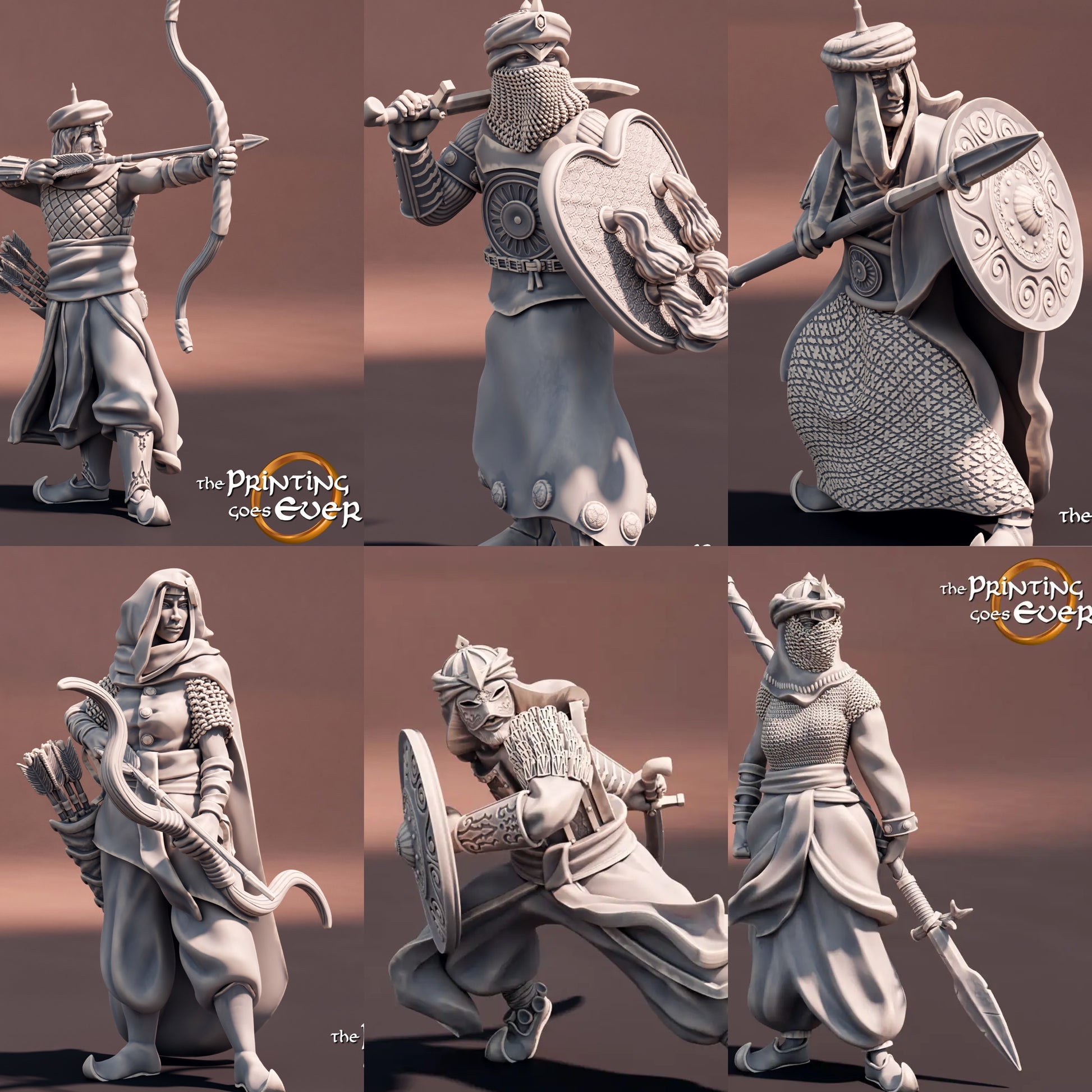 Product photo Tabletop 28mm The Printing Goes Ever On (TPGEO) 0: Southern Warriors: Oriental fighters with bow, spear, and sword - Nomadic people from the desert