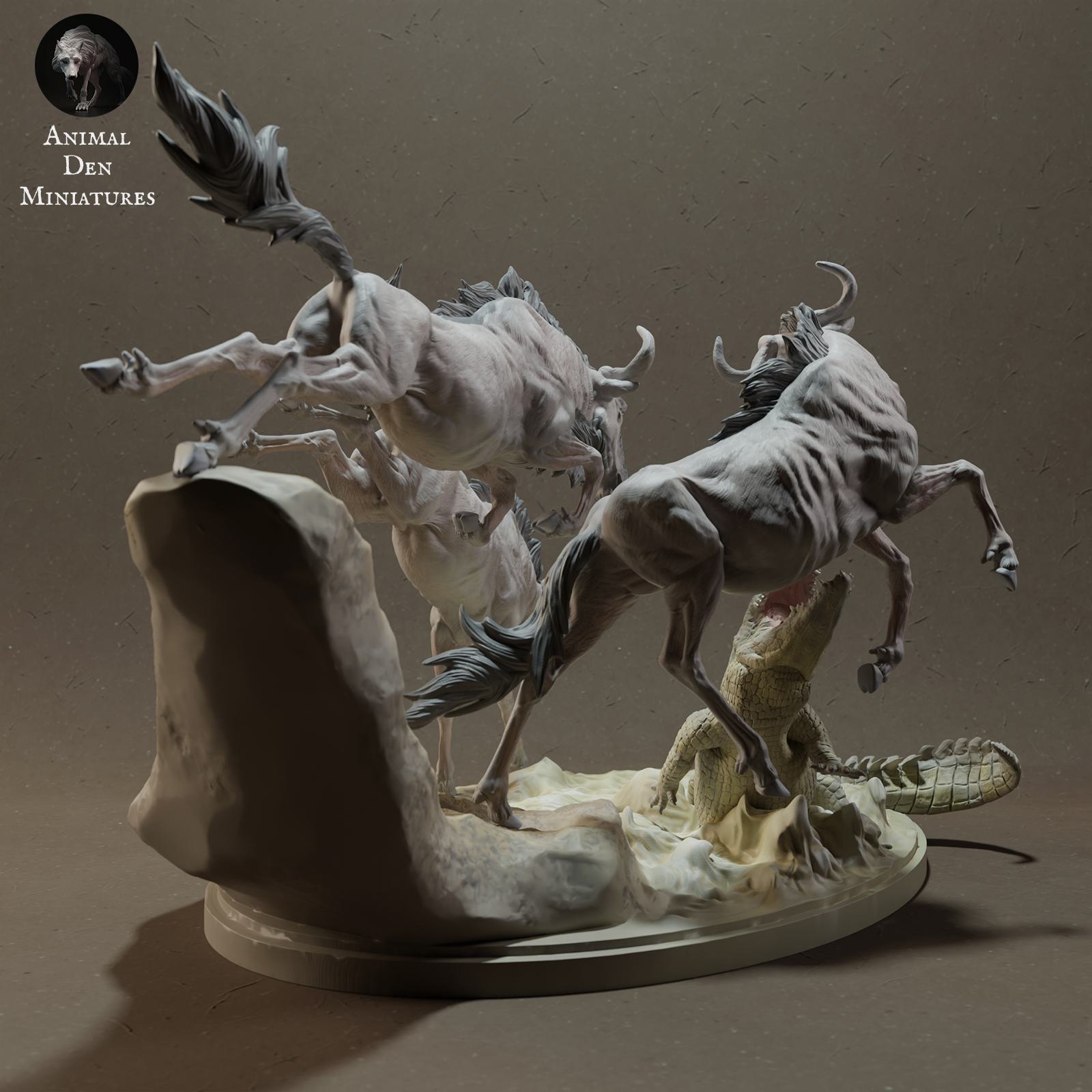 Produktfoto Tier Figur Diorama, Modellbau: 0: Savannen Tier Figur: Gnu beim Flussüberquerung mit Nilkrokodil (Ref 01_01_41)