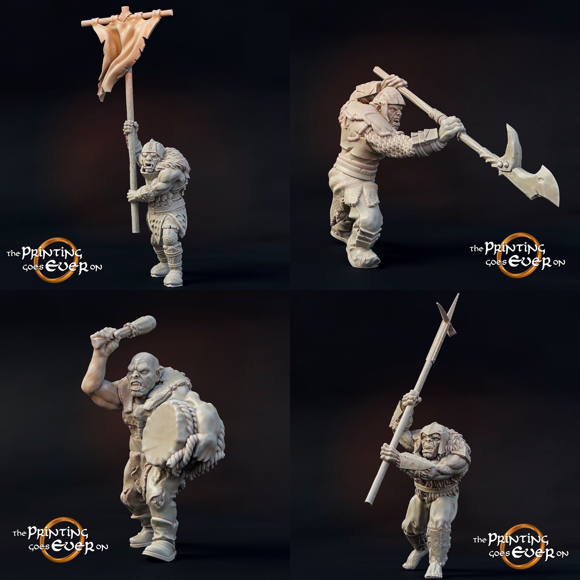 Product photo Tabletop 28mm The Printing Goes Ever On (TPGEO) 0: Orc Commando: Combat Squad / Foot Troop of Evil - Standard, Drum, and Spear