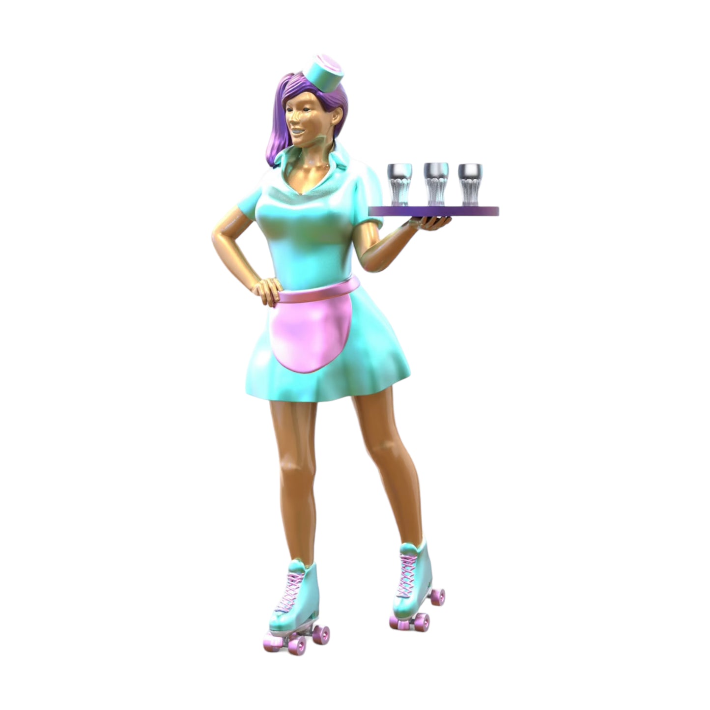 Product photo 0: Waitress on roller skates 2: Server with tablet brings drinks