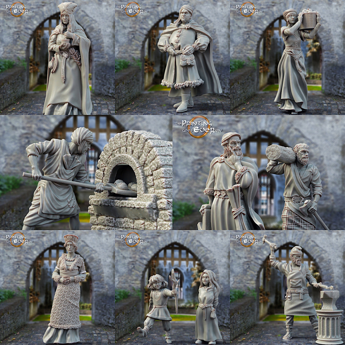 Product photo Tabletop 28mm The Printing Goes Ever On (TPGEO) 0: Medieval Townsfolk: Blacksmith, Lumberjack, Baker, Sculptor, Cobbler, Nobles, Children