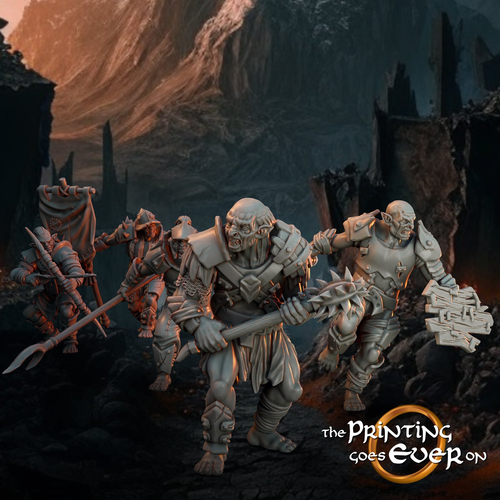 Product photo Tabletop 28mm The Printing Goes Ever On (TPGEO) 0: Orc Plunderer B: Marauder Combat Squad of Evil with Standard - Attacker of the White City
