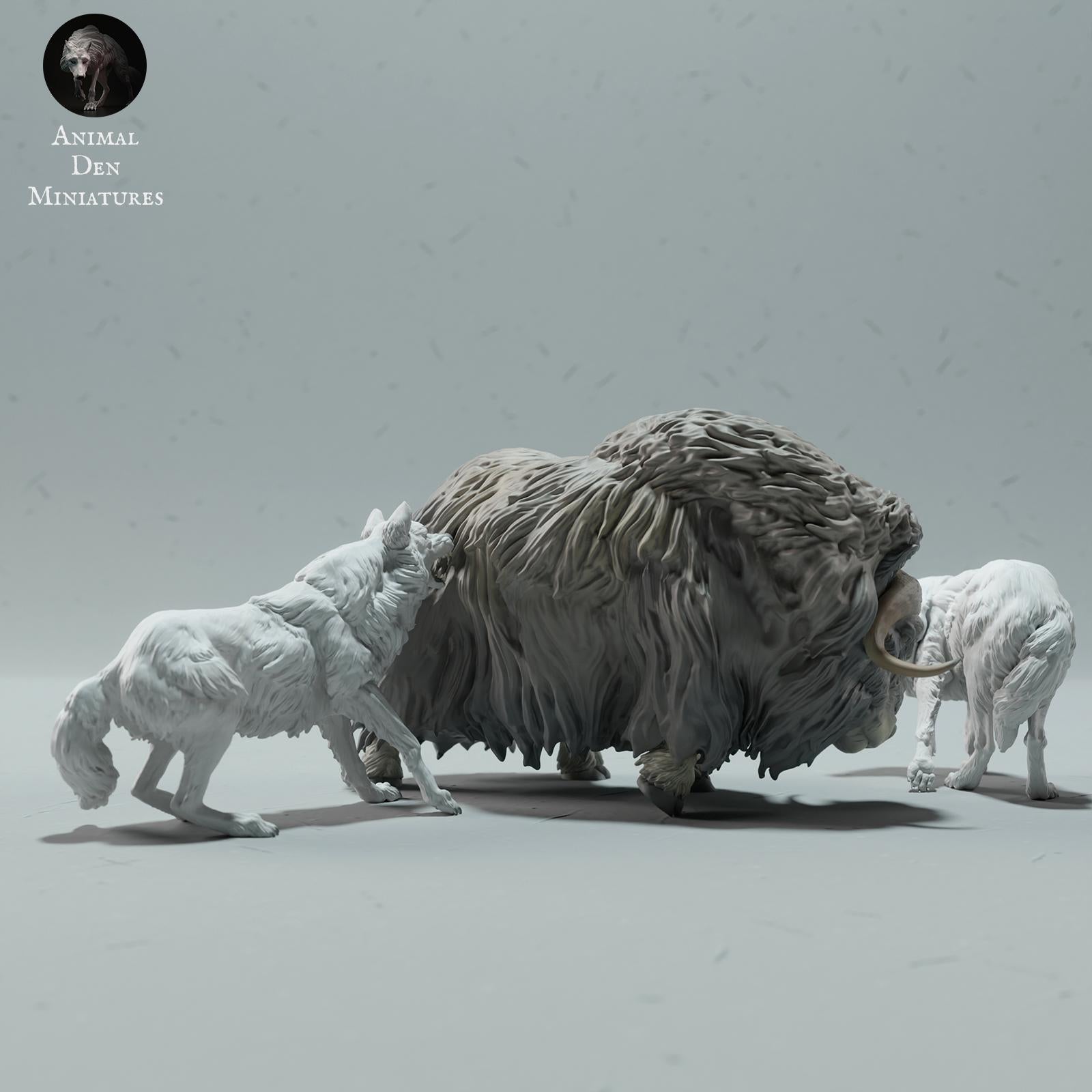 Product photo Animal Figure Diorama, Model Building: 0: Wildlife Figures: Arctic Wolves Hunting Musk Ox (Ref 01_01_62)