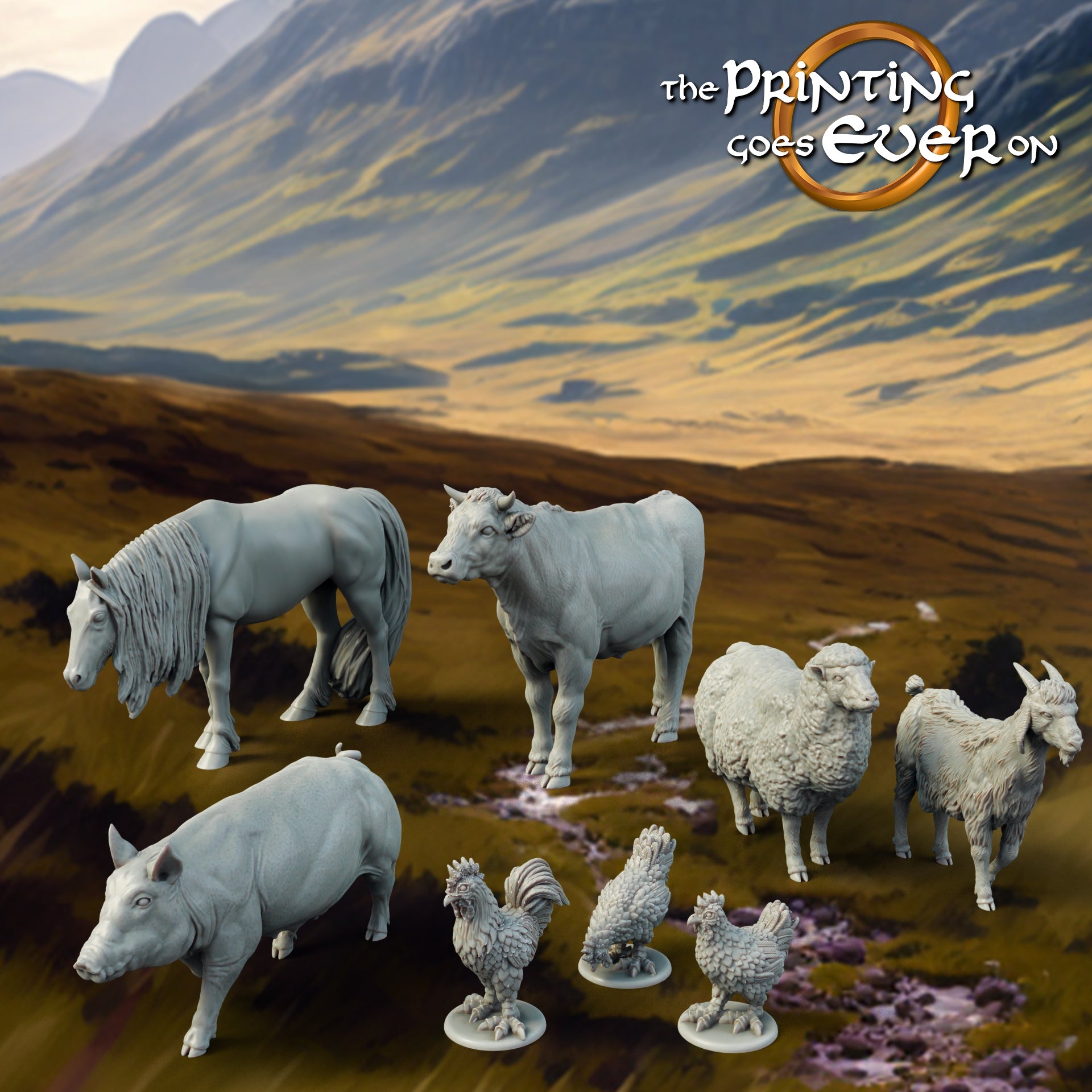 Product photo Tabletop 28mm The Printing Goes Ever On (TPGEO) 0: Farm Animals / Livestock: Horse, Cow, Sheep, Pig, Goat, and Chickens