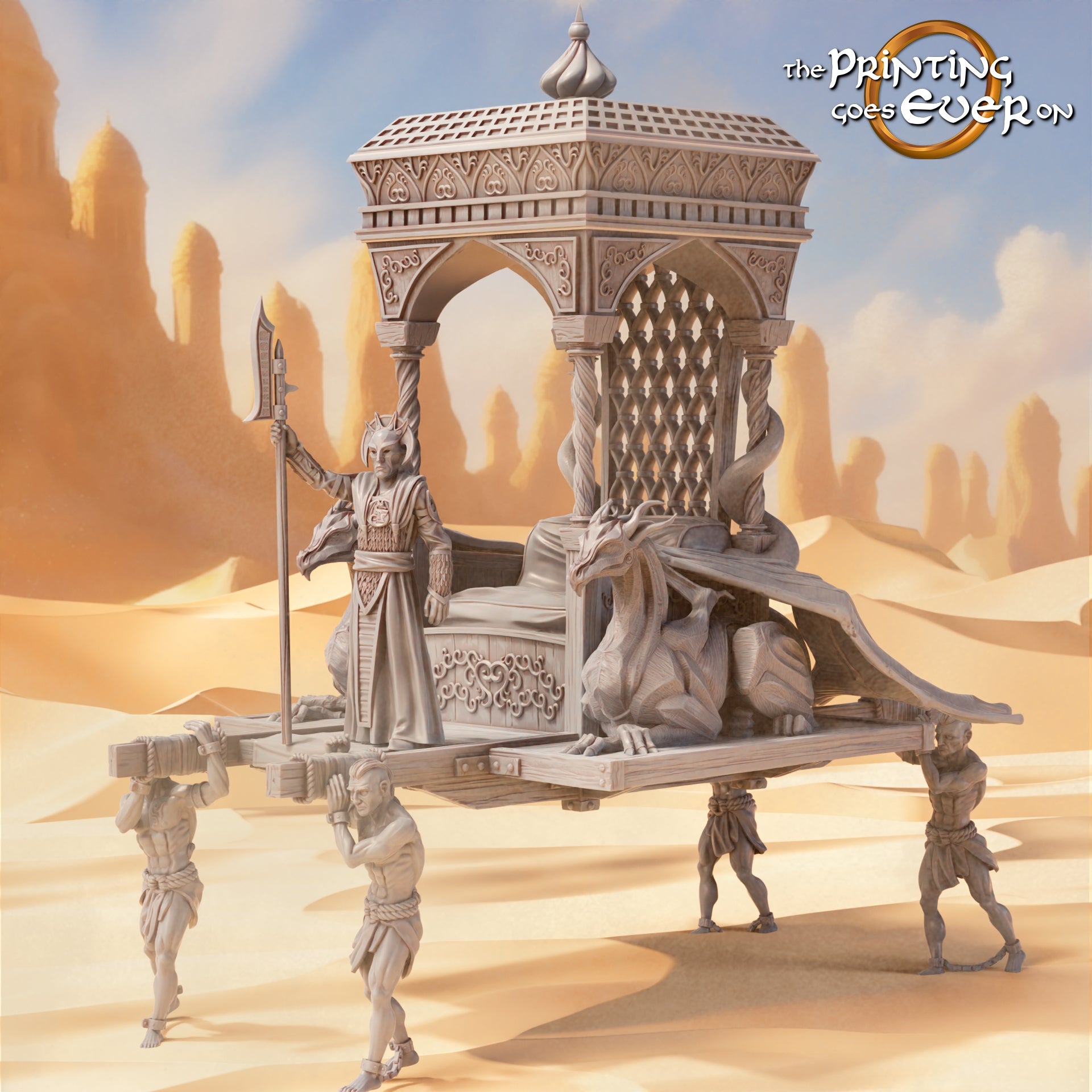Product photo Tabletop 28mm The Printing Goes Ever On (TPGEO) 0: Eastern Conqueror with Palanquin: Ruler on Throne with Retinue of Slaves