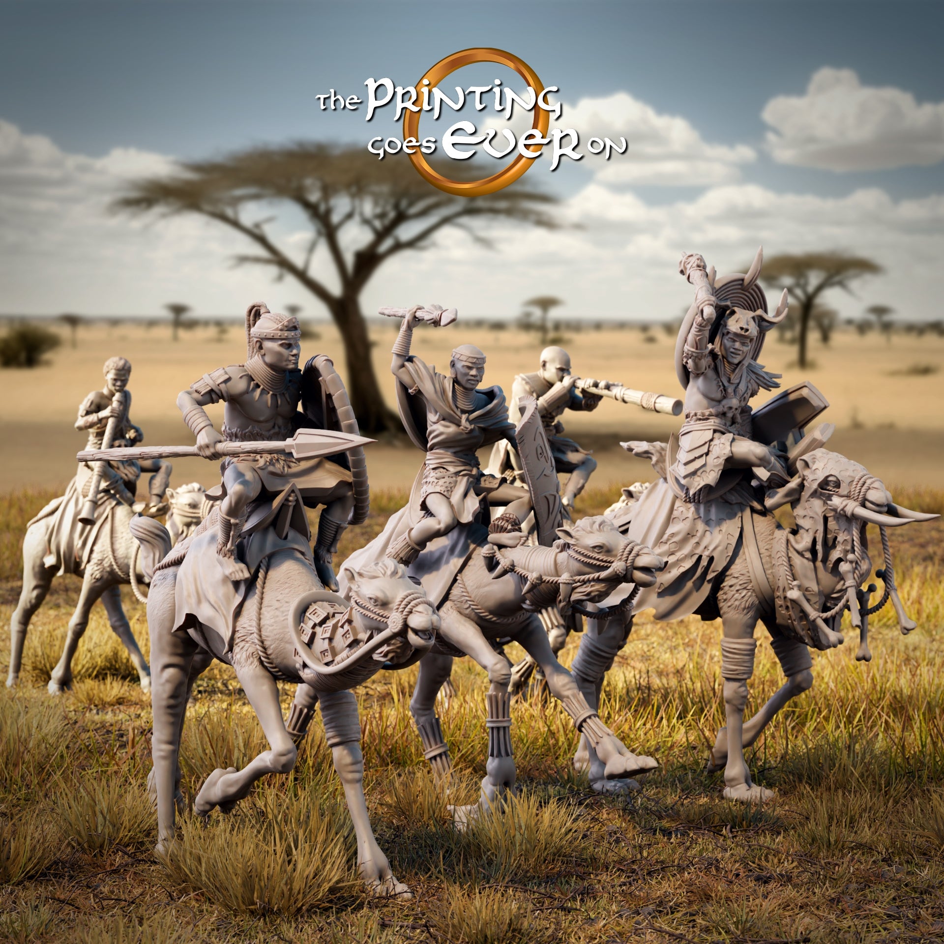 Product photo Tabletop 28mm The Printing Goes Ever On (TPGEO) 0: Savanna Riders: Proud native tribe with chieftain on camels