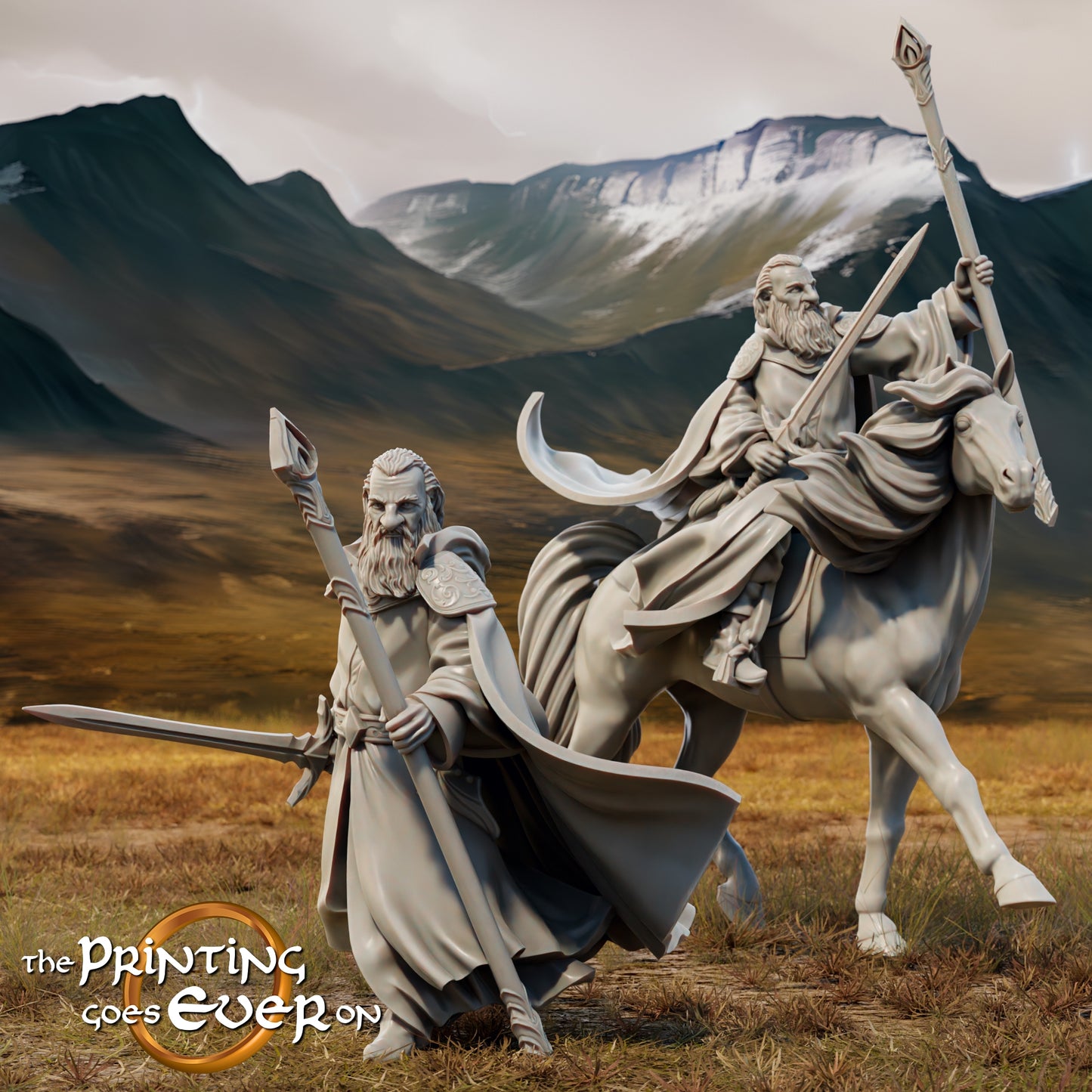 Product photo Tabletop 28mm The Printing Goes Ever On (TPGEO) 0: Wizard Gollnir on Foot and Mounted: Powerful Mage