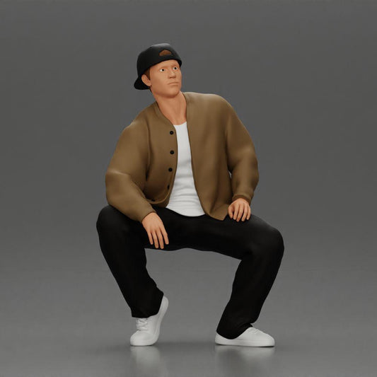 Diorama Modellbau Produktfoto 0: Diorama-Figur: Sitzender Hip-Hop-Mann mit Jacke, Cap und Sneakers (Ref Nr. A62)