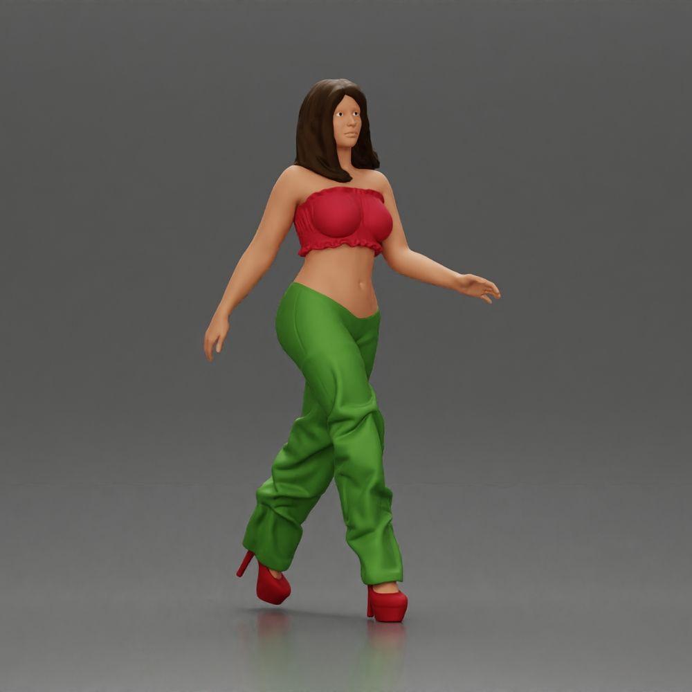 Diorama model building product photo 0: Diorama figure: Miniature figure woman in walking pose, green-red, crop top, wide pants, pumps (Ref No. A141)