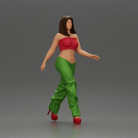 Diorama model building product photo 0: Diorama figure: Miniature figure woman in walking pose, green-red, crop top, wide pants, pumps (Ref No. A141)