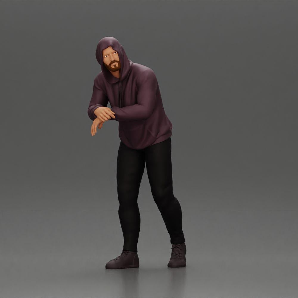 Diorama model building product photo 0: Diorama figure: man with hood, hands on car, slightly leaning forward (Ref No. A115)