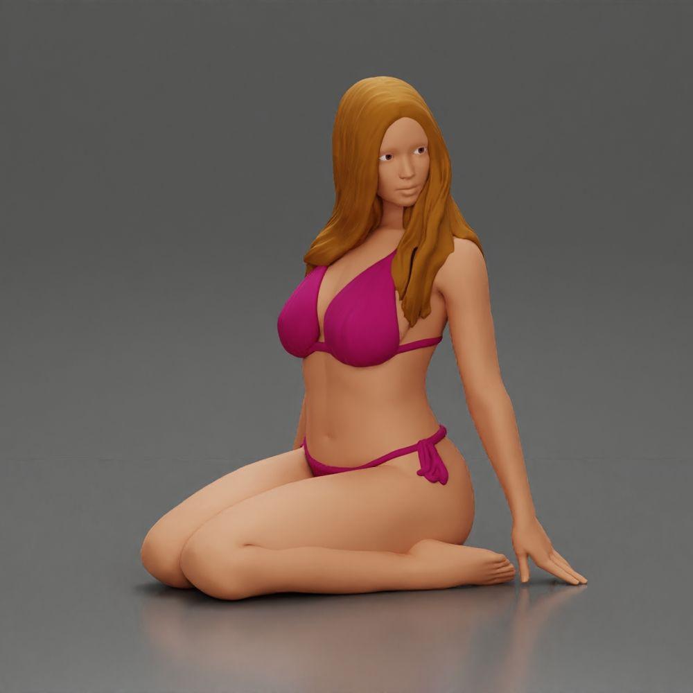 Diorama model building product photo 0: Kneeling miniature figure woman in bikini, sitting on flat base - beach diorama (Ref No. A83)