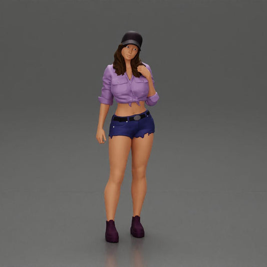 Diorama model building product photo 0: Diorama miniature: Female figure in cap, knotted shirt & shorts, waiting (Ref No. A104)