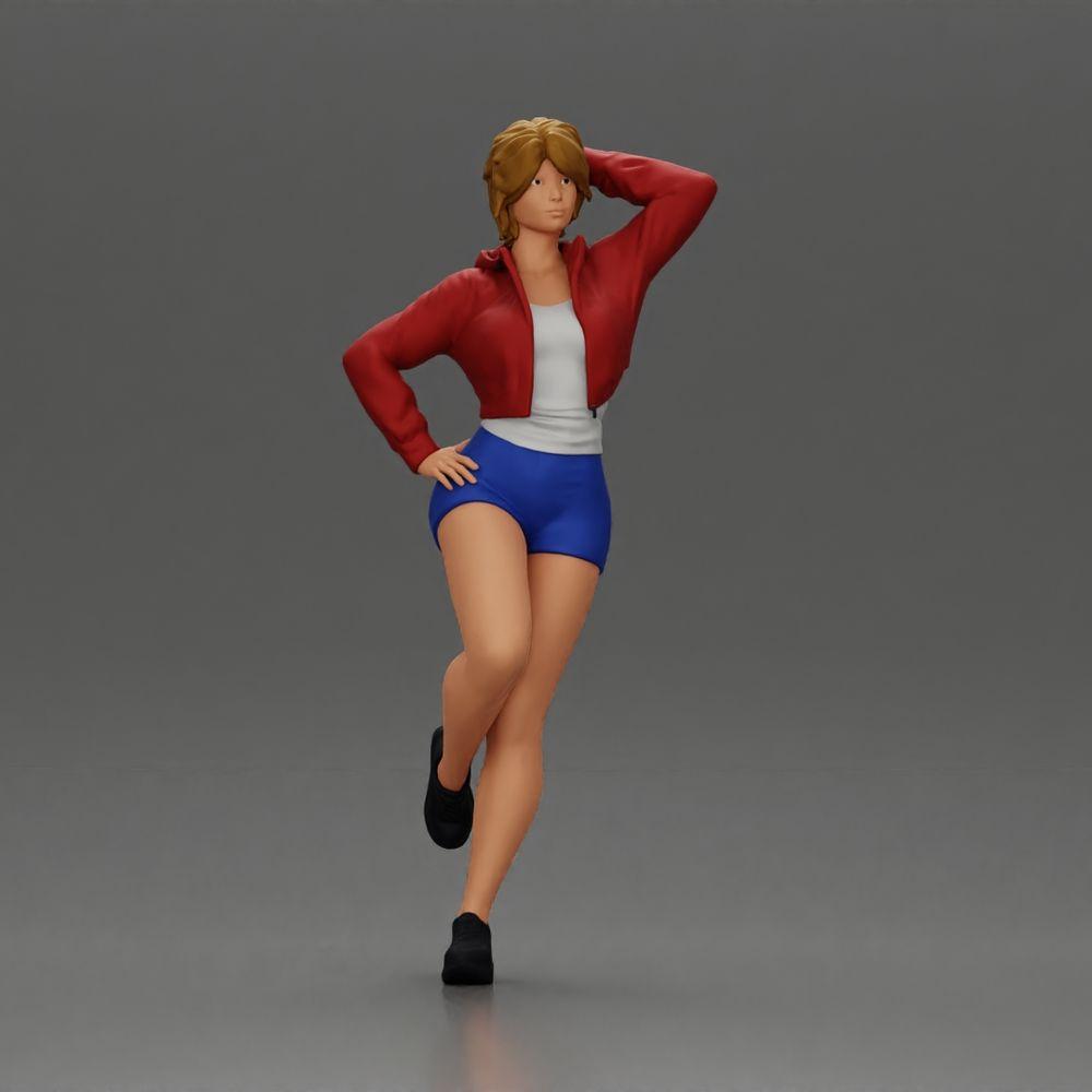 Diorama model building product photo 0: Female miniature with short hair, jacket & shorts, leaning against a car (Ref No. A67)