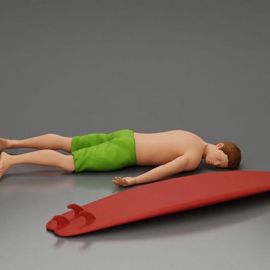Diorama model building product photo 0: Diorama miniature: Person lying face down next to surfboard with fins (Ref No. A66)