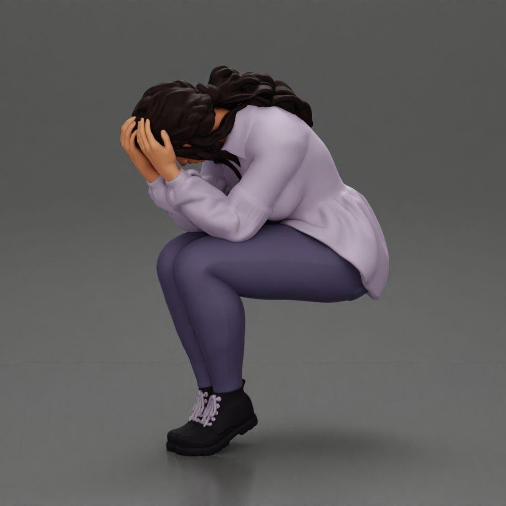 Diorama model building product photo 0: miniature figure: sad girl with puff sleeves, sitting, face in hands (Ref No. A88)