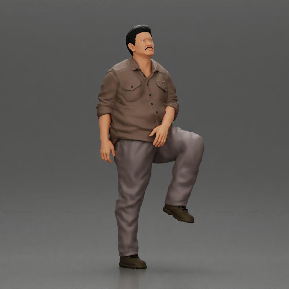 Diorama model building product photo 0: miniature figure: stout Asian man, looking up, in shirt, foot on step (Ref No. A101)