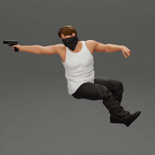 Diorama model building product photo 0: Diorama miniature: Sitting masked gangster with pistol in car (Ref No. A116)