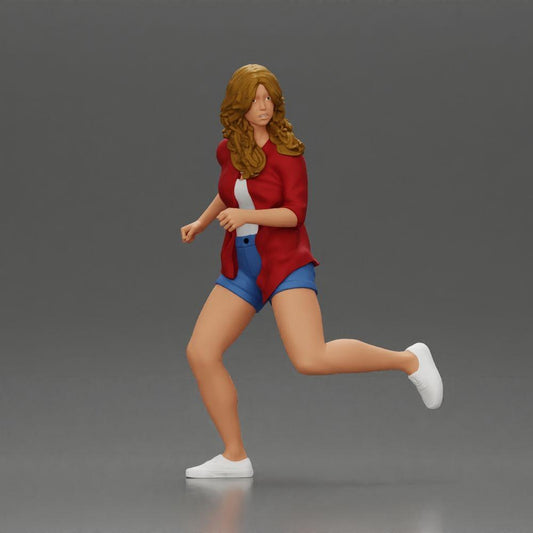 Diorama model building product photo 0: Diorama figure: Running young woman with open shirt & shorts, determined (Ref No. A102)